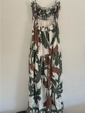 Stitch and Feather- Tropical Floral Maxi Dress in White, Olive & Terracotta